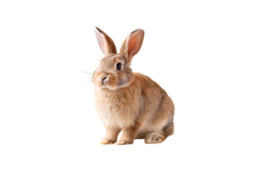Fototapeta premium Brown and white rabbit sitting upright with long ears and alert expression, isolated on a transparent background