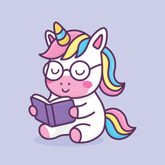 Cute unicorn reading a book with glasses