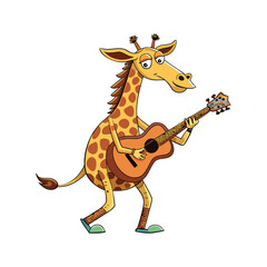 Funny cartoon giraffe playing guitar with hooves and tail, music animal character, cute vector illustration on white background