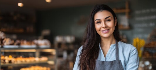 The smiling barista at a cozy bakery showcasing delicious pastries and warm ambiance.