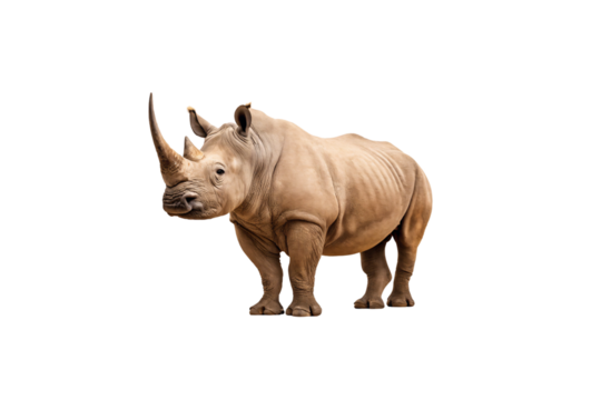 White rhinoceros in three-quarter view displaying powerful build and characteristic facial features, isolated on a transparent background
