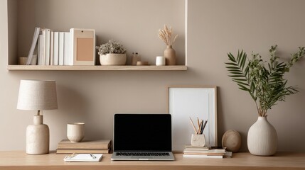 Obraz premium Desk with Laptop, Books, Lamp, and Decorative Objects