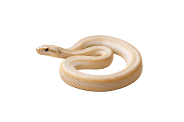 Leucistic ball python coiled showing pale golden coloration and distinctive snake features, isolated on a transparent background
