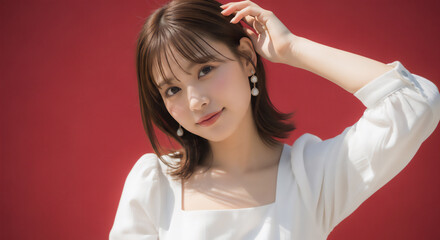 Naklejka premium Portraits of a Young Woman Smiling and Posing Against a Red Wall