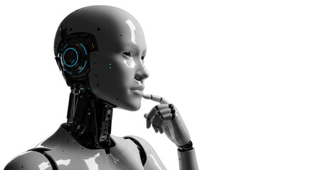 Naklejka premium A gray robot head and torso, thoughtfully considering something.