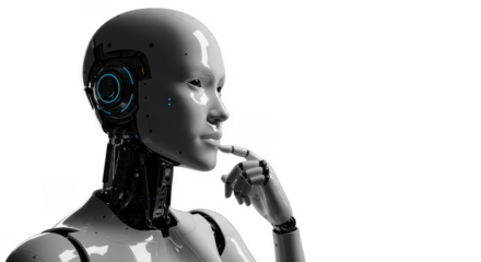 A gray robot head and torso, thoughtfully considering something.