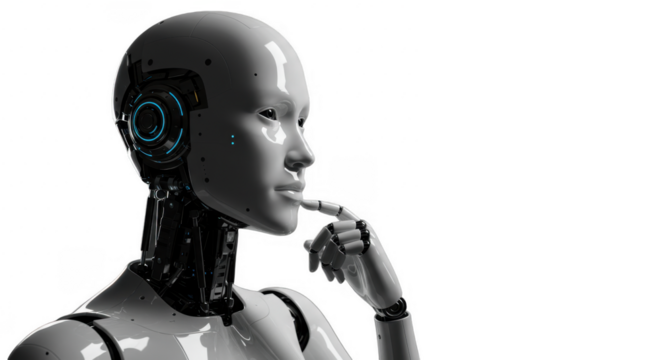 A gray robot head and torso, thoughtfully considering something.