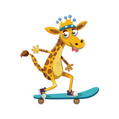 Funny giraffe riding skateboard with scared expression, one hoof raised, cartoon vector on white background, humorous animal clipart