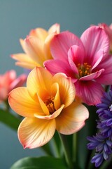 Vibrant Flower Bouquet Close-Up Softly Illuminated Petals, Freshness and Gentle Breathing, Ideal for Spa, Wellness, Floral Design, and Aromatherapy Projects