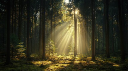 Sunlight streams through a dense forest