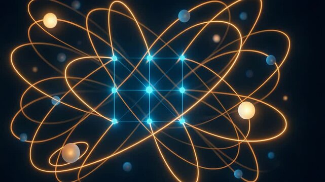A captivating depiction of atomic structure with glowing particles and orbiting paths. The vibrant colors and dynamic shapes highlight the beauty of scientific discovery.