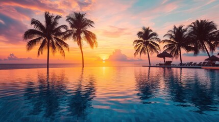 Tropical sunset over pool