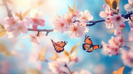 Blossoming spring branches with butterflies