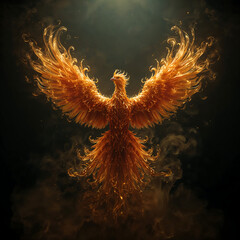 A phoenix of yellow-orange vapor rises from blackness, glowing with radiant mist and swirling tendrils. A luminous 3D fantasy scene evoking rebirth, magic, and fiery transformation.
