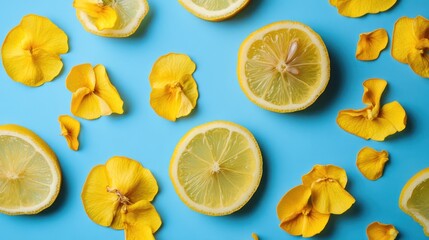 Lemon slices and yellow flower petals on a light blue background