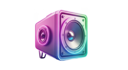 Colorful, stylized illustration of a small, square speaker with vibrant neon lighting.