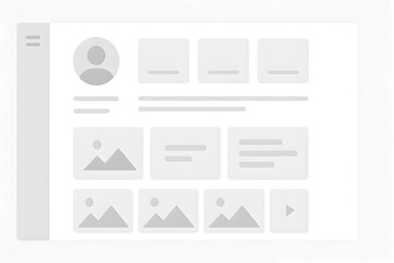 Clean grayscale UI wireframe of user profile dashboard with avatar placeholder, image thumbnails, content blocks, and navigation menu for UX design mockups and wireframe templates