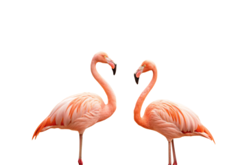 Two pink flamingos with curved necks and black-tipped beaks standing gracefully together, isolated on a transparent background