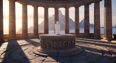 Ancient Temple with Blank Bottle and Mountain Vista