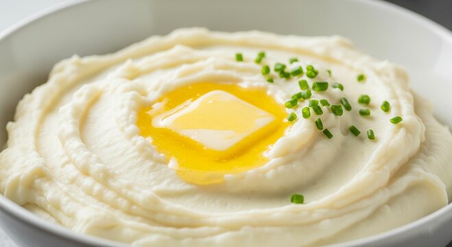 a bowl of mashed potatoes with melting butter over it, garnished with fresh herb