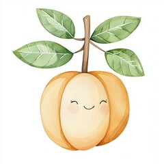 Smiling Cartoon Apricot with Green Leaves Watercolor Illustration