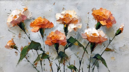 Textured oil painting of vibrant carnation flowers with lush orange, peach, and white petals, expressive brushstrokes, green stems, neutral off-white background, dynamic paint flecks.