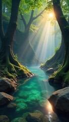 Mystical Dawn Pool Ancient Stones, Ethereal Mist, and Tranquil Serenity in an Old-Growth Forest.