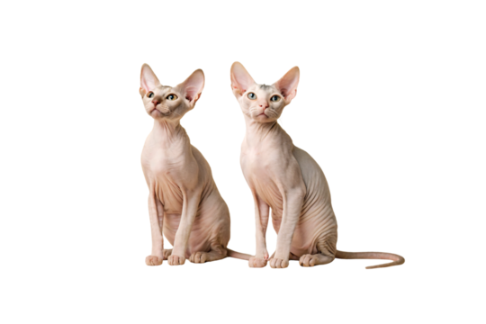 Two hairless Sphynx cats with large ears and wrinkled skin sitting upright, isolated on a transparent background