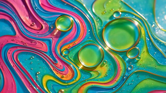 Vibrant abstract background of colorful oil droplets and swirling liquid patterns. Animated image. Concept of psychedelic fluid art, color flow, and sensory motion