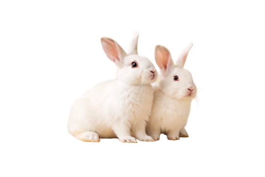 Two white rabbits with pink ears sitting close together looking forward, isolated on a transparent background