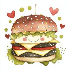 Smiling Cartoon Burger Watercolor Illustration with Hearts