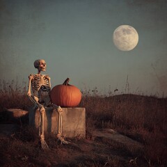 Skeleton and pumpkin sitting in a field, Halloween scene, evening