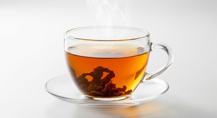 a steaming glass cup of herbal tea on white background