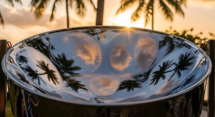 A steelpan reflects palm trees and a sunset sky, creating a tropical musical scene.