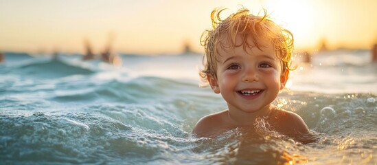 Child Smiles in the Ocean at Sunset