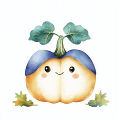 Smiling Cartoon Pumpkin in Purple Hat Autumn Watercolor Illustration