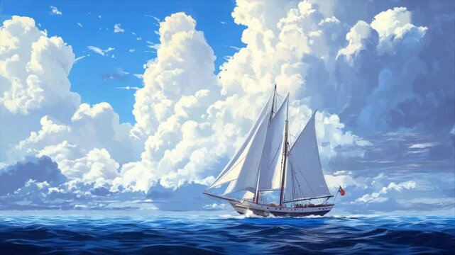 A schooner sails a tranquil ocean under a vast, fluffy sky, filled with bright cumulus clouds; the vessel's white sails are full, and a small flag is visible at its stern