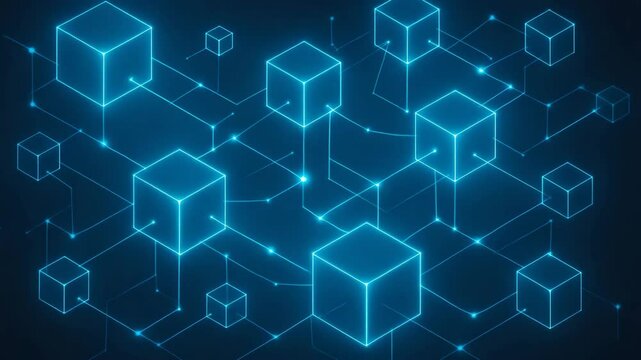 Abstract representation of blockchain technology with glowing cubes and interconnected lines, symbolizing digital networks and data security. Ideal for tech-related projects.