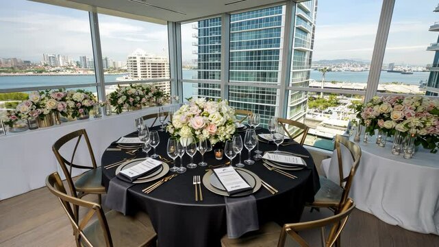 City views, elegant dining table settings with gold accents