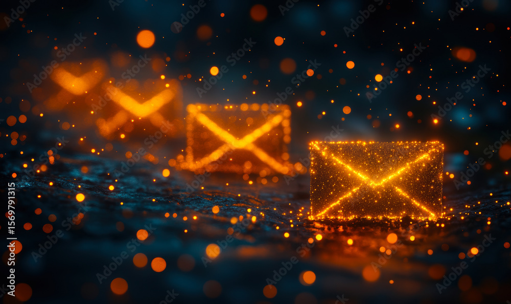 Poster glowing digital email icons streaming through futuristic data network representing communication and