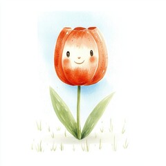 Smiling Cartoon Tulip Watercolor Illustration
