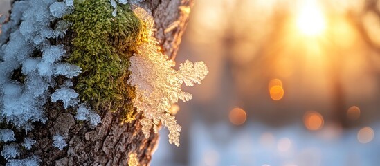 Snowflake on Bark with Moss Lit by Winter Sun