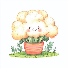 Smiling Cauliflower Vegetable Illustration in Striped Pot on Grass with White Background