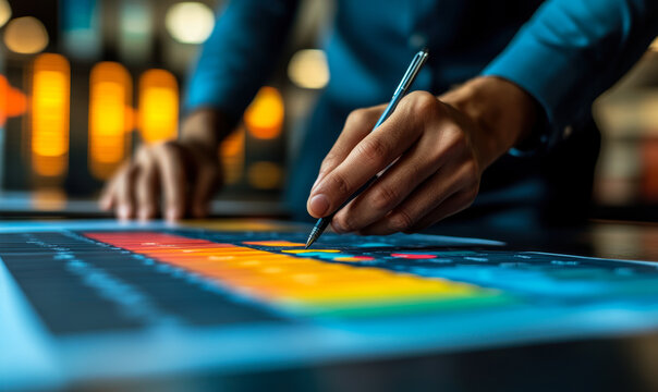 Close up of business person using stylus pen on interactive digital touchscreen display with colorful charts and data analytics for marketing strategy planning in modern office environment