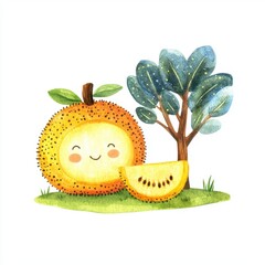 Smiling Jackfruit and Tree Watercolor Illustration