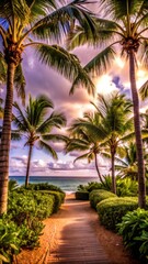Fototapeta premium Tropical Pathway Leading to the Ocean at Sunset