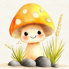 Smiling Orange Cartoon Mushroom in Green Grass