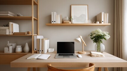 Fototapeta premium Home Office Desk with Laptop, Flowers, and Shelving