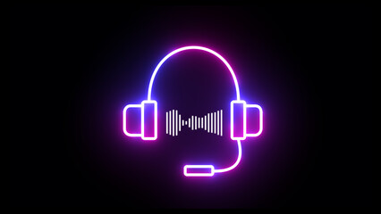 Neon music audio waveform spectrum with microphone sign. audio visualizer beat sound frequency on black background.