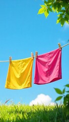 Colorful Laundry Drying on Clothesline, Sunny Summer Day, Idyllic Scene